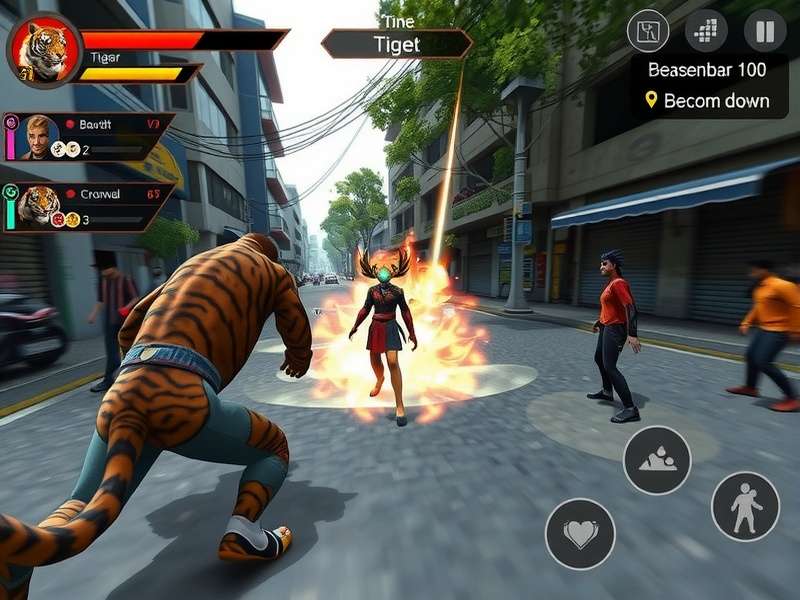 Bangalore Beast King game screenshot showing player fighting a tiger-like monster in Bangalore streets